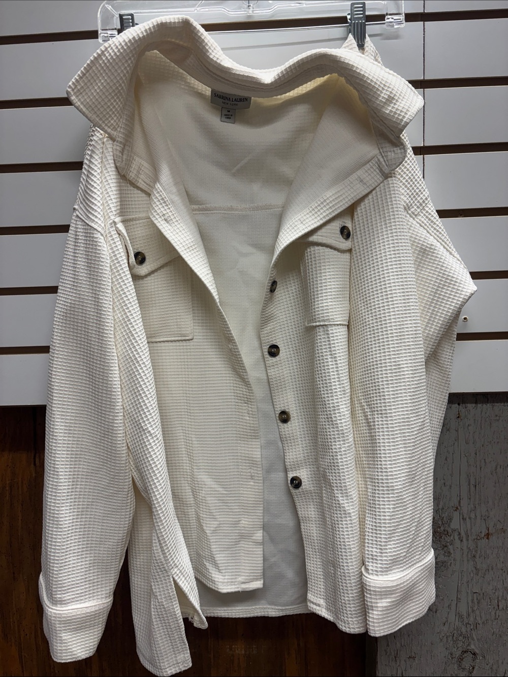 Sabrina Lauren Womens Cream Waffle-Knit Button Front Jacket